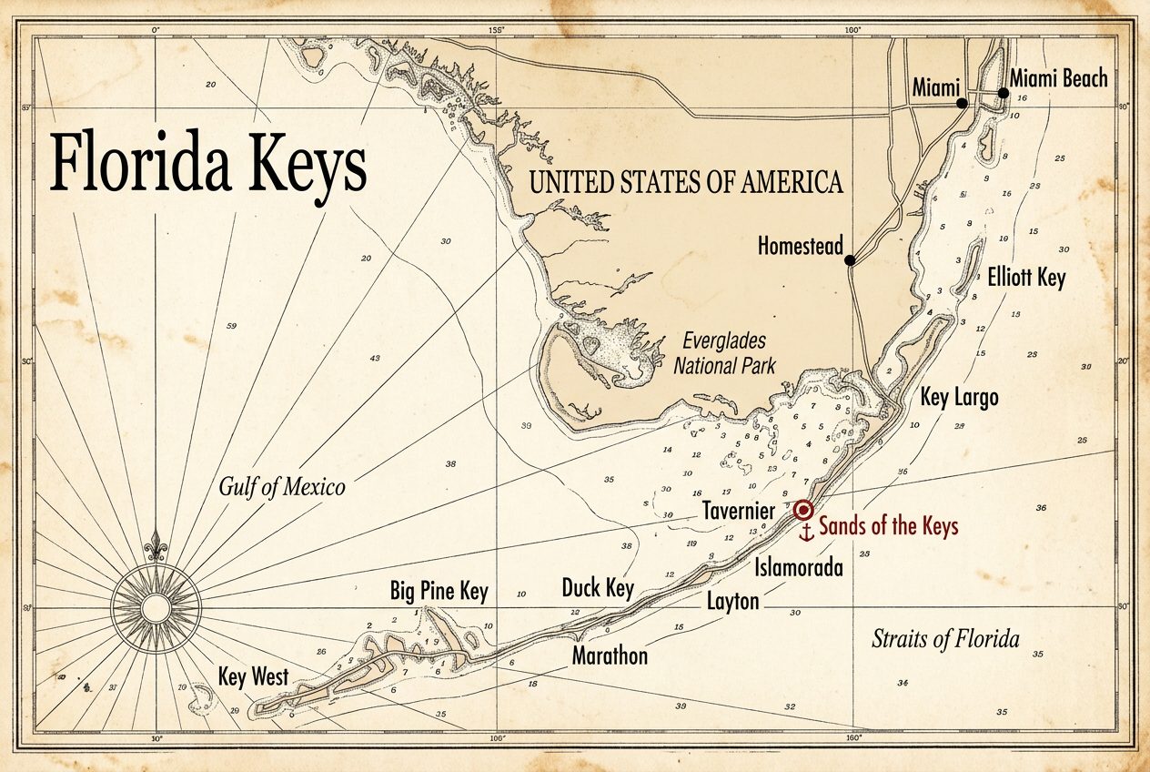 Vintage nautical chart of the Florida Keys with Sands of the Keys marked at Islamorada.
